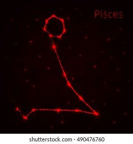 Pisces Illustration Icon, Lights Silhouette on Dark Background. Glowing Lines and Points