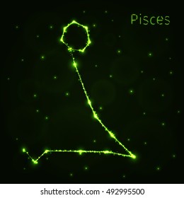 Pisces Illustration Icon, Lights Silhouette on Dark Background. Glowing Lines and Points