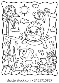 Pisces and Leo. Kawaii. Cute characters. Coloring page, page, book, black and white vector illustration. Zodiac signs, horoscope.