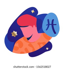 Pisces man zodiac and horoscope concept. Modern vector art with faceless man profile. Illustration for horoscope and astrology apps, dating websites, astrology predictions.