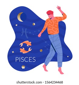 Pisces man zodiac and horoscope concept. Modern vector art with man and fishes. Illustration for horoscope and astrology apps, dating websites, astrology predictions.