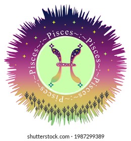 Pisces moon sign. Zodiac sign label. Astrology vector. Aurora gradient burst. Stars pattern. Horoscope symbol. Vedic sign title. Astrology badge. Astronomy sticker. Stock illustration.