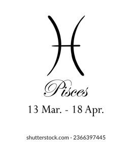 Pisces with name and dates. New horoscope with 13 zodiac signs. From March 13 to April 18. Astrology, fortune telling, constellation, stars, ascendant, pseudoscience, natal chart. Italic style