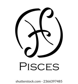 Pisces with name. Horoscope with 12 or 13 zodiac signs. Astrology, fortune telling, constellation, stars, ascendant, pseudoscience, natal chart. Casual style with black strokes