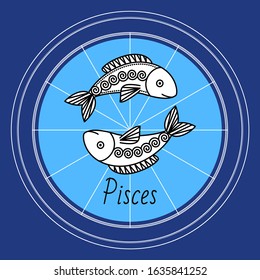 Pisces negative mutable zodiac sign with sketch of two fish in circle. Astrological element for people born in february and march. Isolated decorative icon for horoscopes and predictions vector