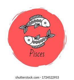 Muestra el signo de zodiaco mutable negativo con el boceto de dos peces en círculo. Elemento astrológico para las personas nacidas en febrero y marzo. Icono decorativo aislado para horóscopos y vectores de predicciones
