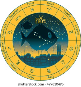 pisces on the background urban night landscape and the starry sky in circle with the signs of the zodiac