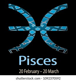 Pisces. Ornamental decorative vector Zodiac sign.  Astrological patterned Fishes zodiac symbol. Abstract modern background with dates, months, latin name text. 20 February – 20 March. Luxury design