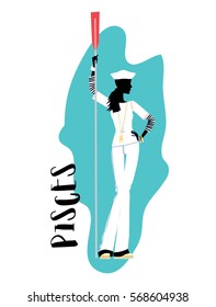 Pisces paddle girl horoscope as the sailor woman with an oar. vector illustration.