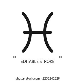 Pisces pixel perfect minimalistic linear icon. Zodiac sign. Astrological fishes. Horoscope personality. Thin line illustration. Contour symbol. Vector outline drawing. Editable stroke. Arial font used