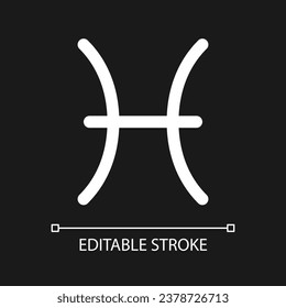 Pisces pixel perfect minimalistic white linear icon for dark theme. Zodiac element. Astrological fishes. Thin line illustration. Isolated symbol for night mode. Editable stroke. Arial font used