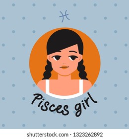 Pisces : Pretty girl with horoscope sign on pastel background  :Vector Illustration