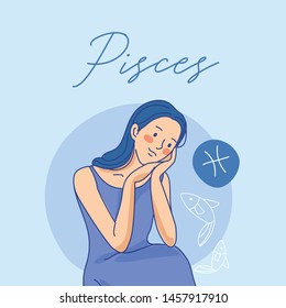 Pisces : Pretty girl with horoscope sign on pastel background :Vector Illustration