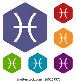 Pisces rhombus icons set in different colors. Vector Illustration