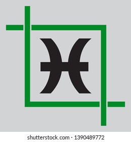Pisces sign illustration. Black icon inside green crop tool at light gray background