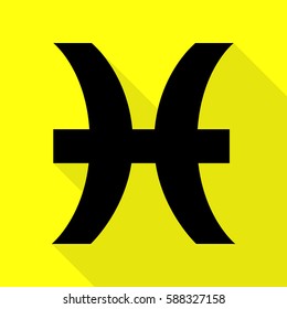 Pisces sign illustration. Black icon with flat style shadow path on yellow background.