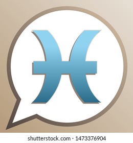 Pisces sign illustration. Bright cerulean icon in white speech balloon at pale taupe background. Illustration.