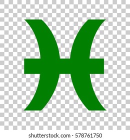 Pisces sign illustration. Dark green icon on transparent background.