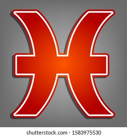 Pisces sign illustration. Flat red icon with linear white icon with gray shadow at grayish background. Illustration.