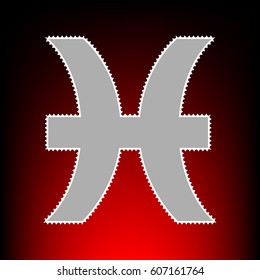 Pisces sign illustration. Postage stamp or old photo style on red-black gradient background.