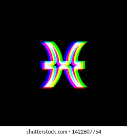 Pisces sign illustration. Red, green and blue unfocused contour icon at black background. Illustration.