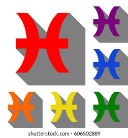 Pisces sign illustration. Set of red, orange, yellow, green, blue and violet icons at white background with flat shadow.