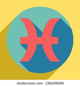 Pisces sign illustration. Sunset orange icon with llapis lazuli shadow inside medium aquamarine circle with different goldenrod shadow at royal yellow background.