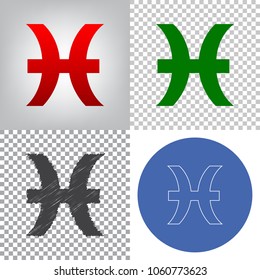 Pisces sign illustration. Vector. 4 styles. Red gradient in radial lighted background, green flat and gray scribble icons on transparent and linear one in blue circle.