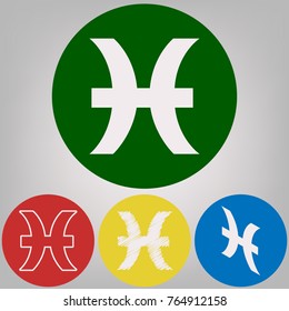 Pisces sign illustration. Vector. 4 white styles of icon at 4 colored circles on light gray background.
