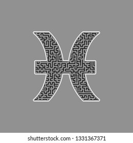 Pisces sign illustration. Vector. Black maze filled icon with white border at gray background.