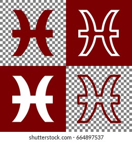 Pisces sign illustration. Vector. Bordo and white icons and line icons on chess board with transparent background.