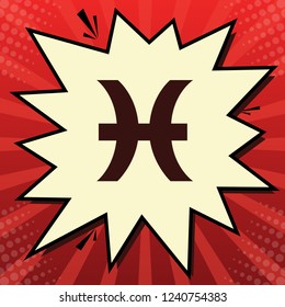 Pisces sign illustration. Vector. Dark red icon in lemon chiffon shutter bubble at red popart background with rays.