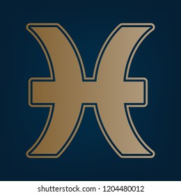 Pisces sign illustration. Vector. Golden icon and border at dark cyan background.