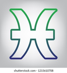 Pisces sign illustration. Vector. Green to blue gradient contour icon at grayish background with light in center.