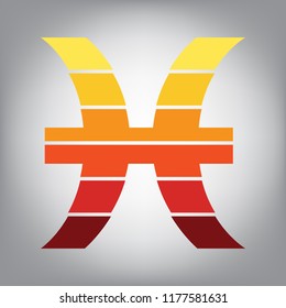 Pisces sign illustration. Vector. Horizontally sliced icon with colors from sunny gradient in gray background.