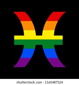 Pisces sign illustration. Vector. Icon with colors of LGBT flag at black background.