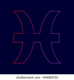 Pisces sign illustration. Vector. Line icon with gradient from red to violet colors on dark blue background.