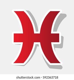 Pisces sign illustration. Vector. New year reddish icon with outside stroke and gray shadow on light gray background.