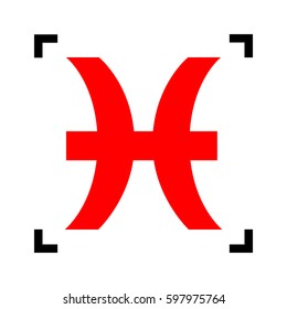 Pisces sign illustration. Vector. Red icon inside black focus corners on white background. Isolated.