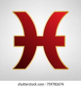 Pisces sign illustration. Vector. Red icon on gold sticker at light gray background.