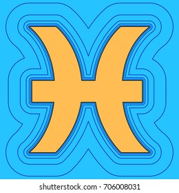 Pisces sign illustration. Vector. Sand color icon with black contour and equidistant blue contours like field at sky blue background. Like waves on map - island in ocean or sea.