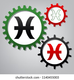 Pisces sign illustration. Vector. Three connected gears with icons at grayish background.