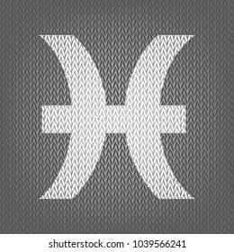 Pisces sign illustration. Vector. White knitted icon on gray knitted background. Isolated.