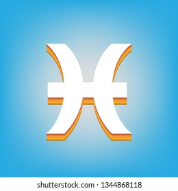 Pisces sign illustration. Vector. White icon with 3d warm-colored gradient body at sky blue background.