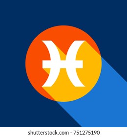 Pisces sign illustration. Vector. White icon on tangelo circle with infinite shadow of light at cool black background. Selective yellow and bright navy blue are produced.