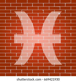 Pisces sign illustration. Vector. Whitish icon on brick wall as background.