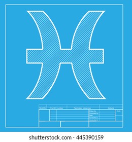Pisces sign illustration. White section of icon on blueprint template.