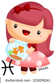 a pisces sign portrayed by a girl holding a goldfish