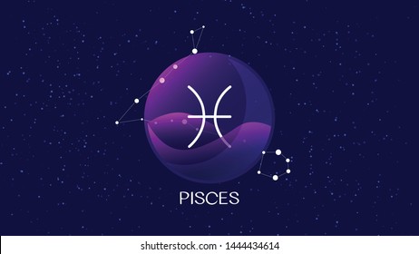 Pisces sign, zodiac background.Beautiful and simple vector image of night, starry sky with pisces zodiac constellation behind glass sphere with encapsulated pisces sign and constellation name. 