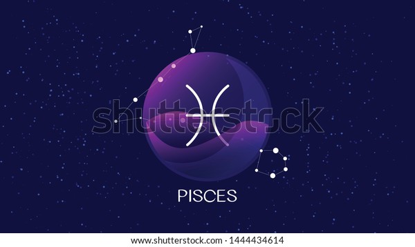 Pisces sign, zodiac background.Beautiful and simple
vector image of night, starry sky with pisces zodiac constellation
behind glass sphere with encapsulated pisces sign and constellation
name. 